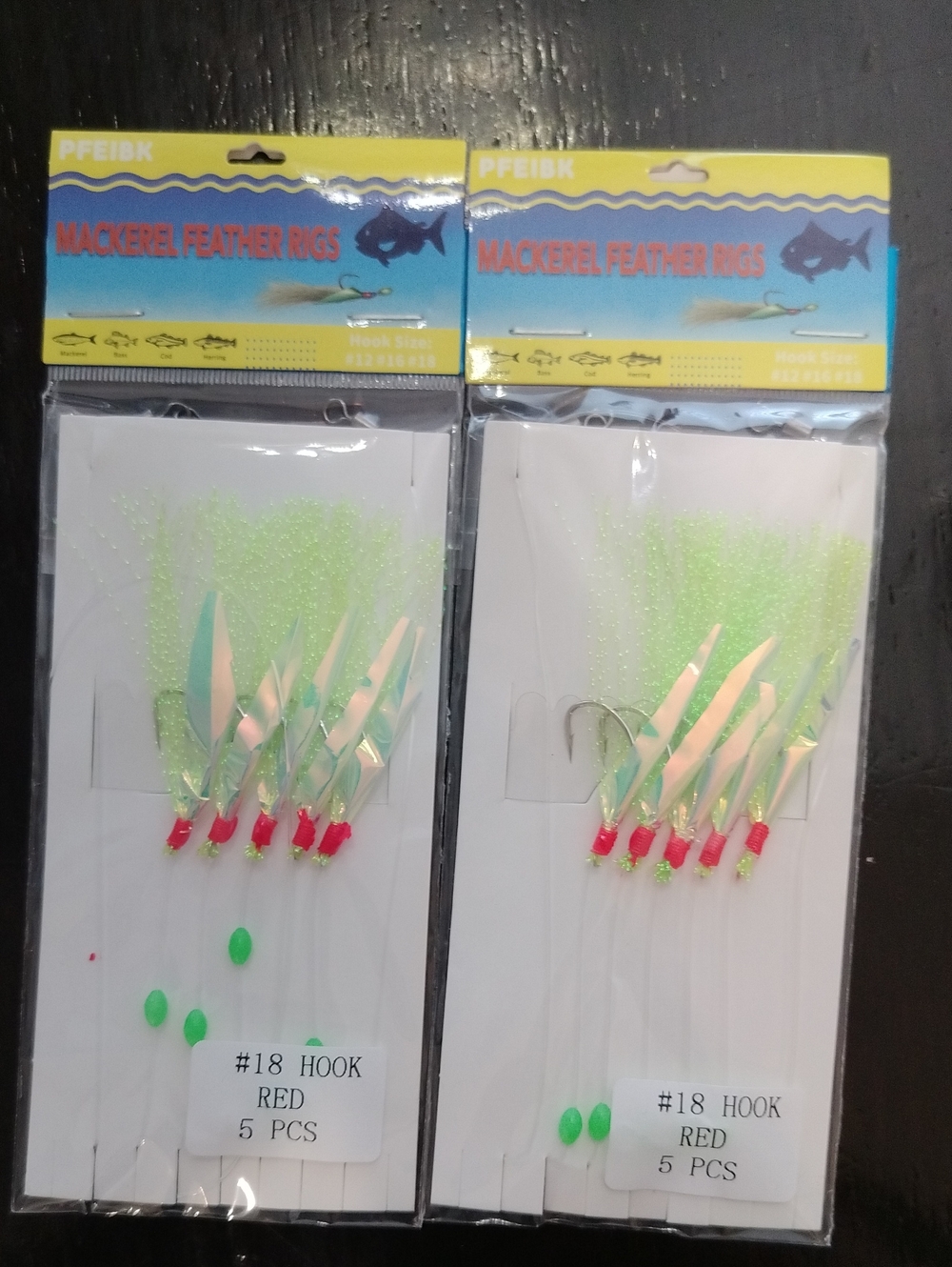 Mackerel Feather Rigs with Neon Green Feathers and Pink Accents. 2 Packs Of 5